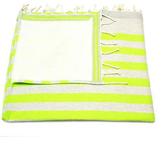 ANNA ANIQ Fouta Hamamtuch mit Frottee (eine Seite) - XXL Extra Groß 100x180 cm Strandtuch Saunatuch - 100% Baumwolle, Bade-Tuch, Picknick-Decke, Yoga, Pestemal, Strand-Handtuch (Neongrün)