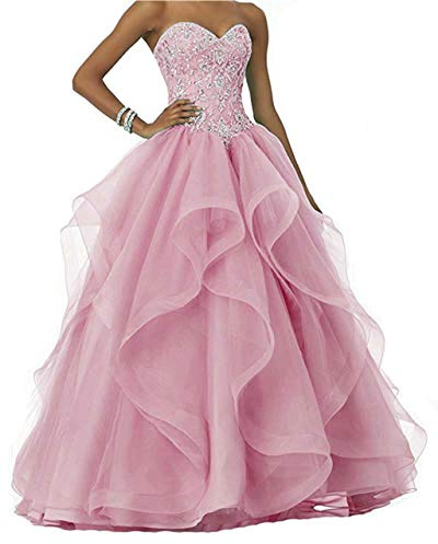 Vantexi Abito da donna lungo con perline scintillanti da ballo, abiti da sposa in organza con volant, abiti da ballo di fine anno scolastico, abiti da cerimonia, Colore: rosa., 42