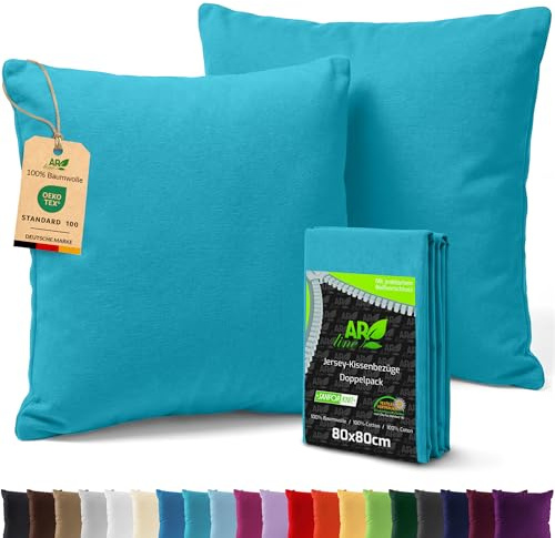 AR Line 2er Pack Jersey Kissenbezüge 80x80 – 160 g/m², 100% Baumwolle, weich, atmungsaktiv & langlebig, Farbe: Türkis
