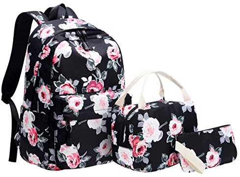 Sac a Dos Scolaire College Sac à Dos Ecole Lycee Sac à Dos d école Collège Ado Fille Femme Cartables Sacs à Dos Scolaires Lycée Fleuri Grand Panier Repas Sac à Main Trousse Portefeuille Loisir Noir