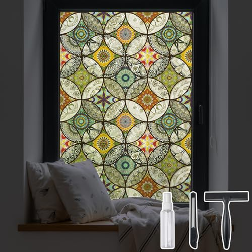 DKTIE Static Cling Decorative Window Film with Installation Tools Non Adhesive Privacy Film, Stained Glass Window Film for Bathroom Shower Door Heat Cotrol Anti UV, 17.7 x 78.7 Inch