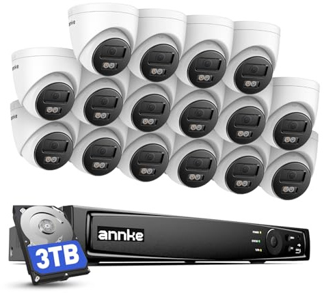 ANNKE 4K Ultra HD POE övervakningskamera set med ljudinspelning, 8MP video övervakningssystem med 16X 8MP IP-kameror, H.265+ 16CH NVR-inspelare med 3 TB hårddisk, 30 m färg mörkerseende
