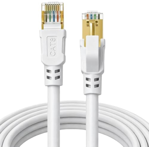 DDMALL CAT 8 LAN Kabel 8m, 40Gbit/s Netzwerkkabel Rund (8 Meter, Weiß) | Geschirmtes Ethernet Kabel, 40Gbps 2000MHz Reines Kupfer Patchkabel, Vergoldeter RJ45 Stecker für Gaming, PC, Router, Switch