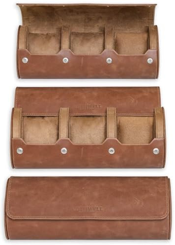 ROTHWELL Uhrenrollen-Reiseetui für 3 Uhren | 100% echtes Leder, robuster tragbarer Schutz, passend für alle Armbanduhren und Smartwatches bis zu 50 mm (Tan/Tan)