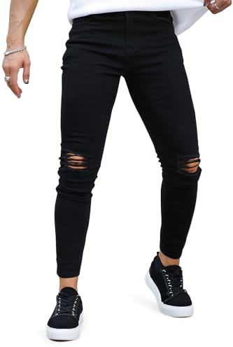 GINGTTO Jeans Uomo Slim Fit Pantaloni Elasticizzati Denim Casual Strappati Nero 28W/30L