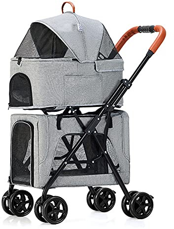 Doppelter Decker Haustierwagen, Multifunktions-3IN1 Katzen Buggy, Faltbare Hundebuggy for Kleine Hunde, Einklick Falten, Vorne, Haustierwagen for 2 Hunde (Color : Gray, Size : B)