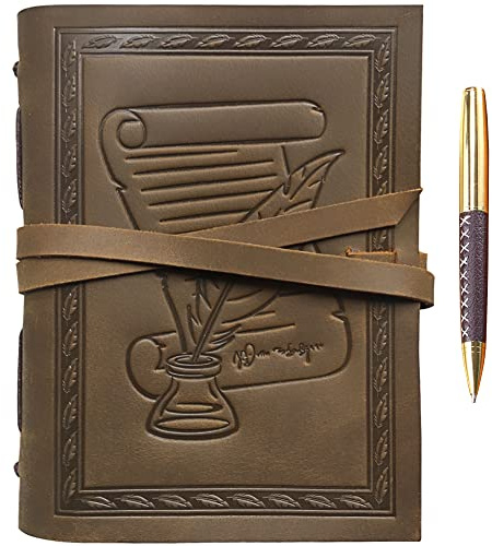 Leather Bound Journal for Men and Women, Handmade Leather Embossed Feather Quill & Ink Pot A5 Notebook with Stylish Pen, Vintage and Classic, Sketchbook, Planner, Journal and Diary (300 Pages) (8x6)