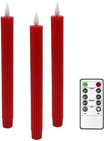 Yme 3er Set Echtwachs LED Stabkerzen Rot mit Fernbedienung und Timer | Elektrische LED Kerzen mit Timerfunktion, Flackernd & Dimmbar, für Wohnzimmer Hochzeit Tisch Halloween Weihnachten Deko
