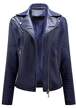 Veste pour femme en simili cuir solide avec poche zippée et fermeture éclair, bleu marine, M