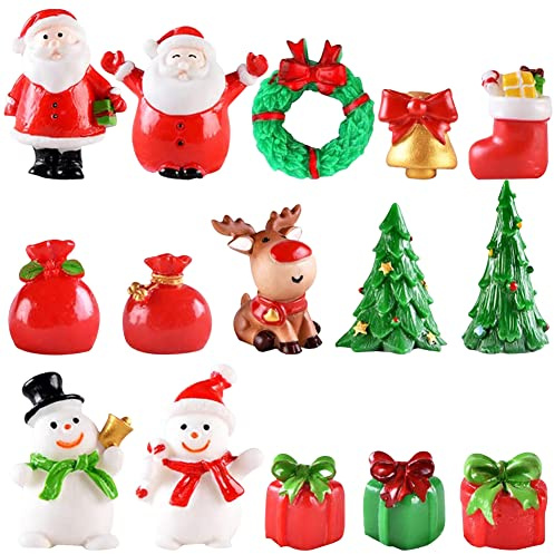 IFHDO Weihnachten Miniatur Ornamente, 15 Stück Weihnachtsfiguren Mini Ornamente Set Weihnachten Deko Figuren Party Kuchen Dekoration für Home Garden Party Decor Desktop Dekoration