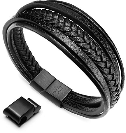 murtoo Herrarmband rostfritt stål äkta läder armband natursten flätad med magnetlås, 19.0cm, Rostfritt stål
