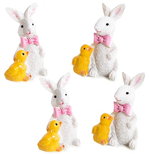 Mini Osterhasen mit Küken, 4 Stück: Kleine Dekohasen Osterdeko, Dekoration Ostern & Frühling, Oster-Deko Osterhase, Hasen Geschenk, Osterdekoration Hase, Miniatur Figuren, Hasendeko Klein, 4,5 cm