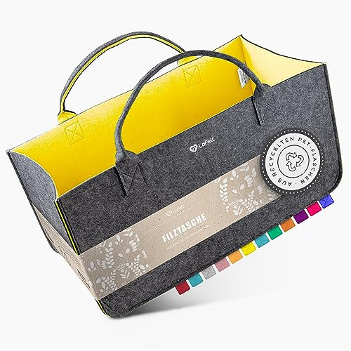 LoFelt® Filztasche, Holzkorb, Brennholzkorb, Kaminholz, aus 100% recyceltem Plastik/Filztasche groß geeignet als Filz Einkaufstasche, Kaminholztasche, Filzkorb, Gelb