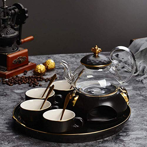 Moka Pot, juego de tazas de café nórdico simple, juego de teteras, té de la tarde inglés, tetera de flores de vidrio calentado de cerámica dorada con vela de bandeja, una olla (4 tazas) Present