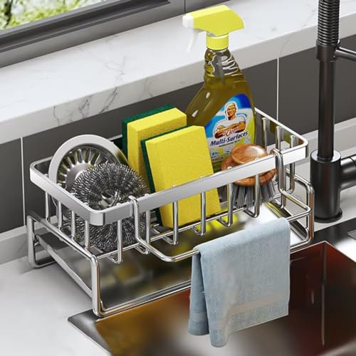 Edumov Kitchen Sink Caddy Organiser, Stainless Steel Sponge Holder Sink Caddy Organizer, Sink Caddy with Removable Drain Tray, Kitchen Sink Organiser with Dishcloth Hanger (Stainless steel)
