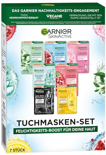 Garnier Set di maschere in panno per ogni tipo di pelle, 7 maschere per il viso per pelli secche a normali, formula vegana con acido ialuronico, Hydra Bomb e Nutri Bomb set maschere 7 x 28 g