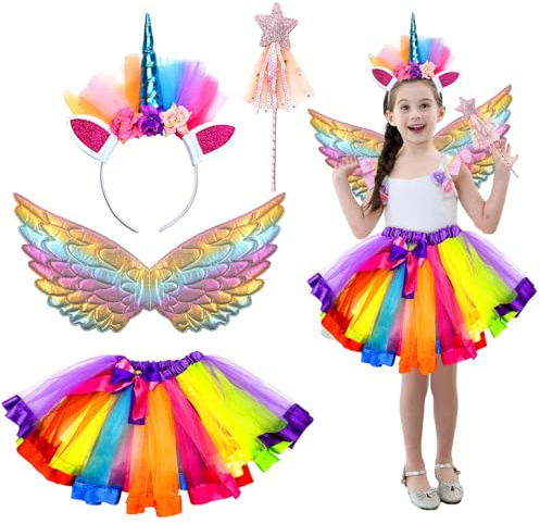 Einhorn Kostüm Prinzessin Set 4 Stück Prinzessin Kleid Mädchen Tutu Rock | Einhorn Kostüm mit Haarreif Flügel Zauberstab Tüllrock,Einhorn Geschenk für Mädchen Karneval,Cosplay,Halloween