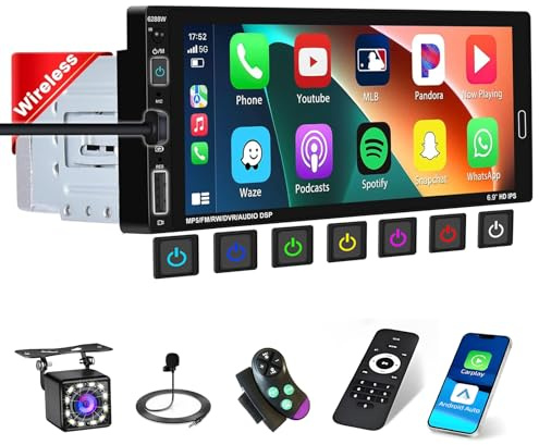 Inefala Bilradio 1 DIN skärm med trådlös Carplay och Android Auto Trådlös, 6,9 tum Bluetooth-pekskärm Autoradium med Mirror Link FM USB Type-C Mic SWC bakre kamera