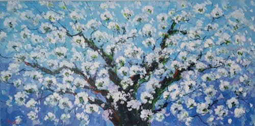 XXL-Ölgemälde, 200x100cm, Baum mit blau weißen Blüten