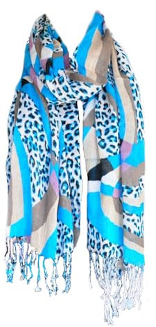 Damen Leo Leopard Stola Schal Halstuch Tuch Langschal Kopftuch Fransen Lang (Türkis)