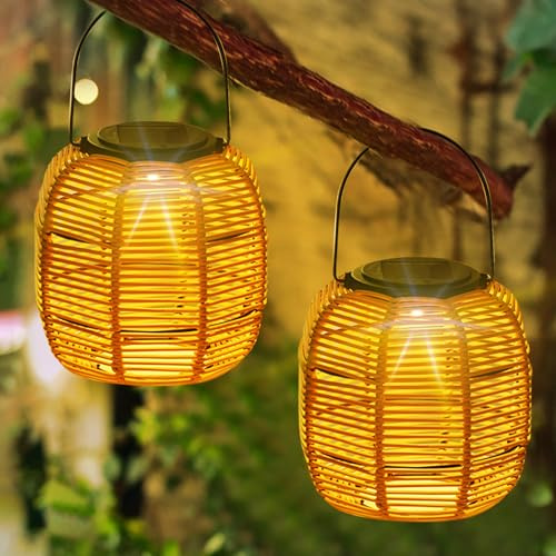 2 Stück Solar Lampion Outdoor Solar Laterne Wasserdichte Solarlaterne,Vintage Boho Rattan Hängelampe Gartenleuchten Draußen,Außen Laternen Lampions Wetterfest für Balkon Solarlampen Garten Deko