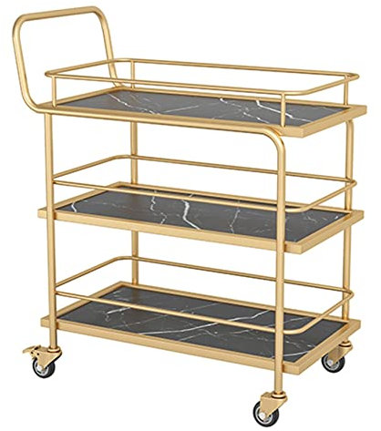 TVSKWMRQ Trolley-Barwagen, Goldener rollender Servierwagen, Küchenbarwagen mit Metallrahmen und Geländer, mobiler Kaffee- und Weinwagen auf Universalrädern mit Bremse für zu Hause