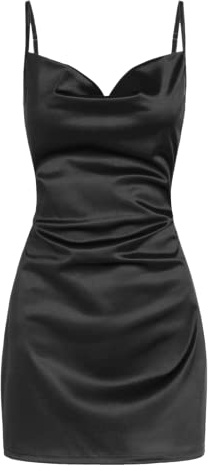 ZAFUL Damen Satin Ärmelloses Spaghettiträger Minikleid Sexy Unterkleid Wasserfallausschnitt Seidige Cocktail Party Kleider (Schwarz, XS)