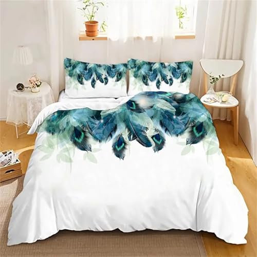 EXSANLIEAY Feder BettwäSche 135x200 Blau GrüN Muster Wende BettwäSche-Sets Microfaser Bettbezug & 2 Kissenbezug 80x80 mit Reißverschluss, Weich & Bügelfrei, Als Ganzjahres-Bettwäsche Geeignet