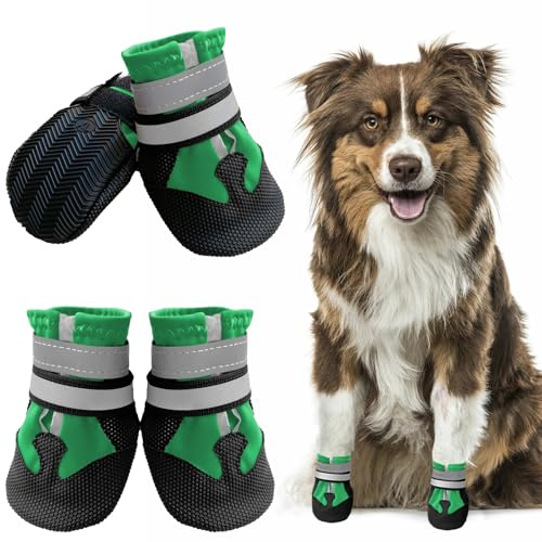 Muecleao Hundeschuhe Pfotenschutz, 4 Stück Wasserdicht Anti-Rutsch Hundestiefel mit Rutschfester Sohle und reflektierendem Klettverschluss, Hunde Schuhe für kleine, Mittlere und Große Hunde (Grün, M)