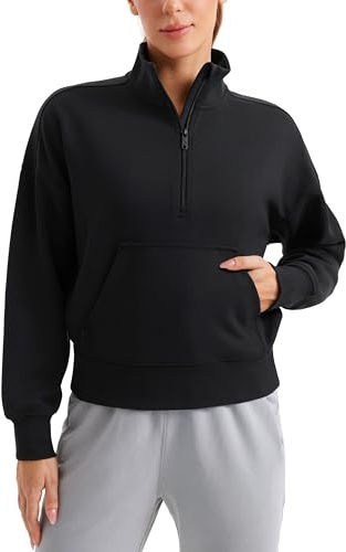 CRZ YOGA SoftAura Half Zip Sweatshirts | Peach-Fuzz Texture, Casual, Relaxed Fit, Pullover, Kangaroo Pockets, Funnel Neck, Sweat Shirts for Women
