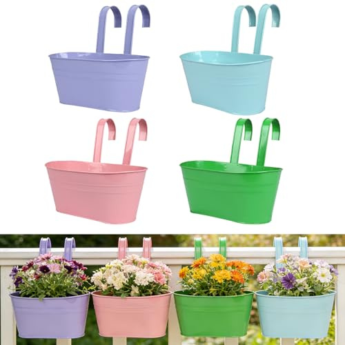 TINGSING 4pcs Pots de Fleurs à Suspendre en Métal Double Crochet Balcon | Drainage • Rose et Bleu • Clôture, jardin, maison • Intérieur et extérieur