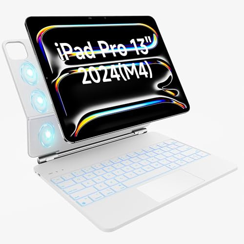 HOU Magic Keyboard - Funda para iPad Pro de 13 pulgadas con teclado M4 2024, QWERTY, trackpad Click-Anywhere, 7 colores retroiluminados, 3 niveles, diseño magnético, blanco