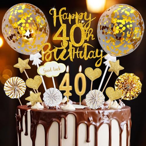 Tortendeko 40 Geburtstag Deko Männer Frauen, Happy 40th Birthday Tortendeko | 40. Cake Topper mit Geburtstagskerzen, für 40 Jahre Geburtstag Mann Geburtstagskuchen Gold Deko