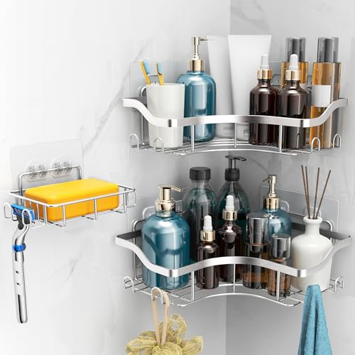 OETAMS Shower Caddy Corner with Soap Holder, 3 Pack Rustproof Stainless Steel Shower Organizer No Drilling & Adhesive Bathroom Shelf with Hooks, Quick-Dry Kitchen Rack for Wall Storage, Sliver