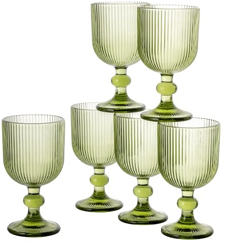 Baroni Home Set 6 pz di Calici in Vetro Colorati e Decorati con Righe in Rilievo 20 CL, Calici Eleganti Lavabili in Lavastoviglie, 8x8x14,5 cm, Verde