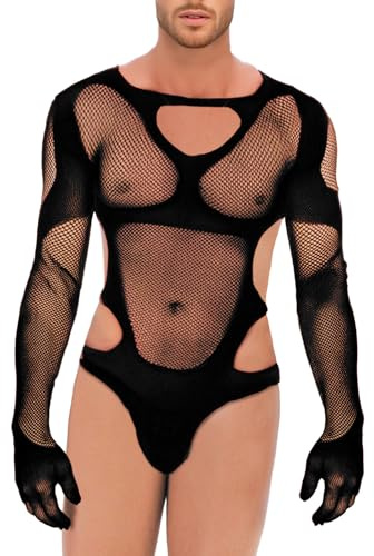 YOSUWOAI Herren Sexy Jumpsuits Durchsichtiges Netz Fischnetz Bodysuits Stretch Club Wear Party Einteiler Netzbody Mesh Atmungsaktiv Durchscheinende Sexy Nachthemd Jockstrap