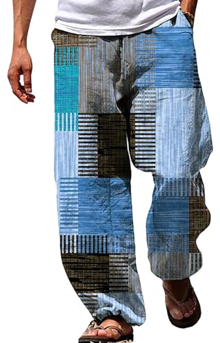 Pantalon Homme en Coton Et Lin Ete Grande Taille Pantalons Decontracte avec Poches Cordon Ample de Plage Léger Respirant Vintage Imprimé Yoga Jogging Pants