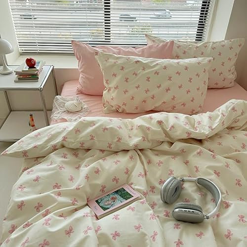 Freyamy Bettwäsche Set 135x200 cm Creme Weiß,Rosa Schleife-Muster Elegantes Bettwäsche, Weich Wende Creme Bettwäsche Set für Mädchen 2teilig,Bettbezug mit Reißverschluss + 1 Kissenbezug 80x80 cm