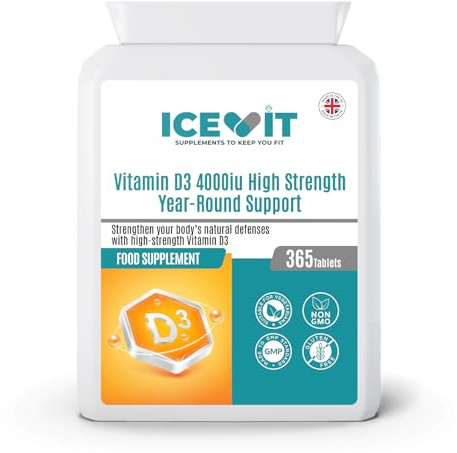 ICEVIT Vitamin D 4000 IU 100mcg, Vitamin D3 Tablets - 365 | 1 Year Supply | Easy to Swallow | Small 1-a-day Cholecalciferol Vegetarian Tablets for normal bones, muscles, immunity and calcium absorption