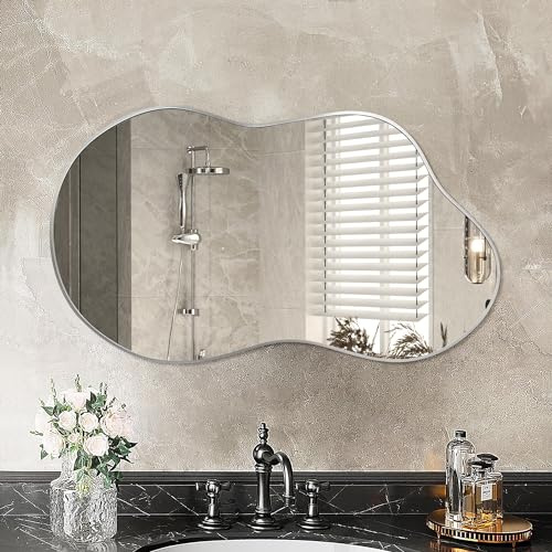 Fahomiss Wandspiegel Metallrahmen Unregelmäßig, Moderner Design Spiegel, Dekospiegel für Wohnzimmer, Flur, Schlafzimmer (Silber, 90L x 60B cm)