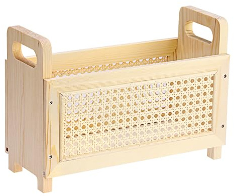 BSTKEY Wooden Magazine Holder File Storage Basket with Handle, Desktop Magazine File Rack Newspaper Mail Organizer for Home Office Waiting Room Living Room (Burlywood)