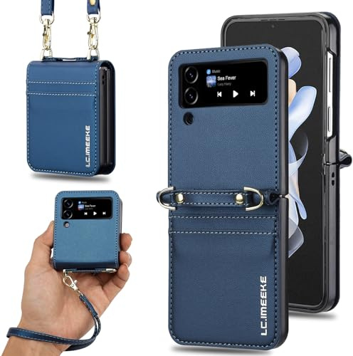 ZHOZEXIN Étui Portefeuille élégant en Cuir PU pour Samsung Galaxy Z Flip 4, avec Support, Fente pour Cartes, dragonne et bandoulière.（Bleu）
