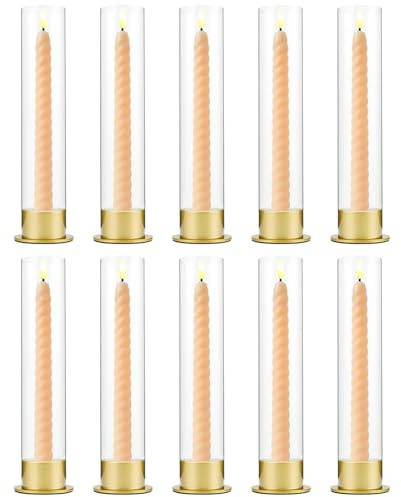 VINCIGANT 10 Stück Kerzenständer Gold mit Acryl Lampenschirm Höhe 25 cm, Stabkerzenhalter für Hochzeit Tischdekoration, Wohnzimmer Deko, Geeignet für LED-Kerzen (Ohne Kerzen)