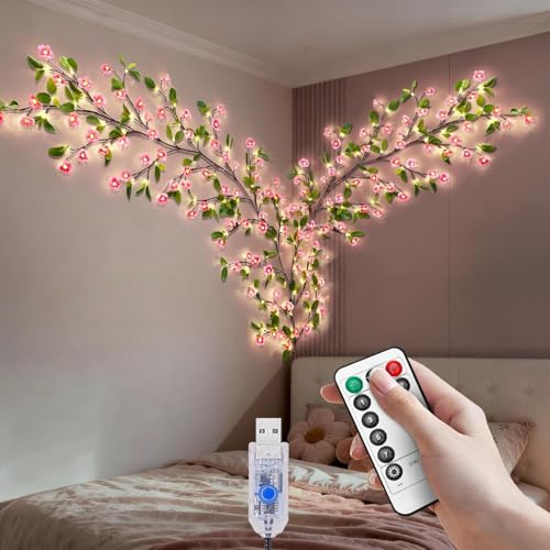 BomKra Catena luminosa con fiori di ciliegio, decorazione da parete, 144 LED, con telecomando, 8 modalità, timer alimentato USB, albero di ciliegio da parete per soggiorno (con foglie 72 LED)