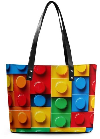 Trendy Bucket Bag Leather Shoulder Bag With Zipper For Daily Commute & Shopping Colorful Building Blocks Bricks