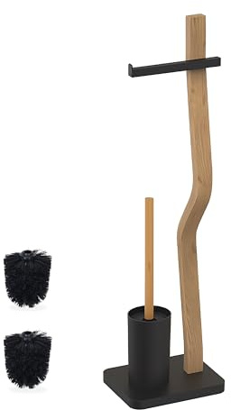 Relaxdays WC Garnitur, HxBxT: 78,5 x 23 x 18 cm, schwarz/Natur | Holz & Metall, stehender Klopapierhalter mit WC-Bürste