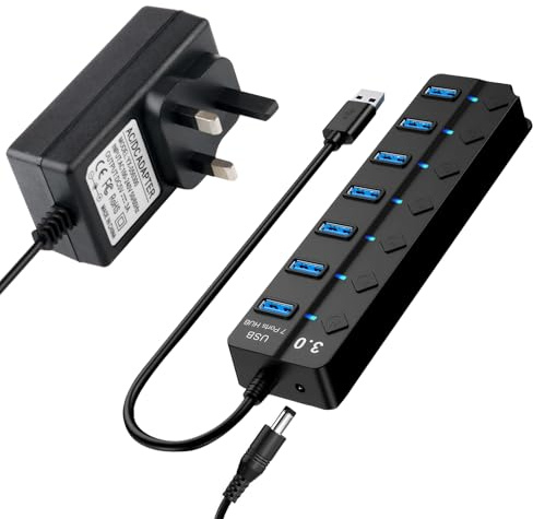 USB 3.0 Hub Powered 7 Port Splitter with 5V3A Power Supply Adapter with Individual On/Off Switches and Lights Extension Splitter AC to DC 5V Adapter for Windows, Apple MacBook, PC Laptop and More