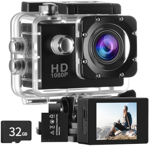 Aolso Action cam mit 32G Karte, HD 1080P30FPS Unterwasserkamera 30m Wasserdicht mit 900mAh Akkus, 140° Ultra-Weitwinke Helmkamera Sportkamera mit Zubehör Kits