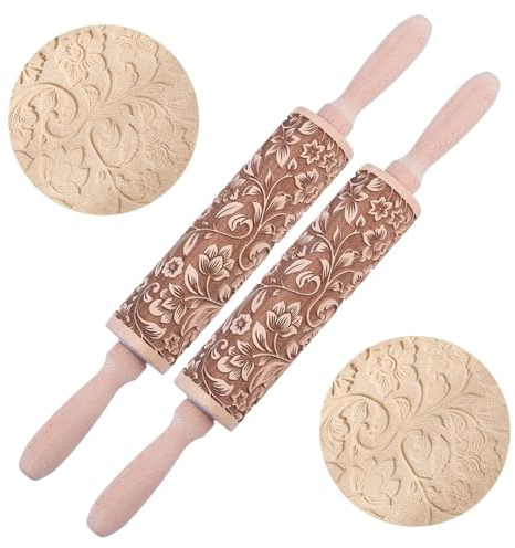DELORIGIN 2pcs Embossed Wooden Rolling Pin Darker 3D Flower Rattan 35cm Rolling Pin for Baking Biscuits DIY Kitchen Tool Baking Accessories Bakery Pastry Cookie Fondant Dough Pizza (Flowers Leaves)