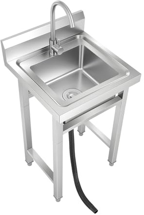 Mermajestic fristående diskbänk i rostfritt stål, 1 handfat, kommersiellt diskbänk med 360° vridbar kran, diskbänk med filterkorg och lock, för utomhus, inomhus, kök, restaurang, bar (50 x 50 x 93 cm)